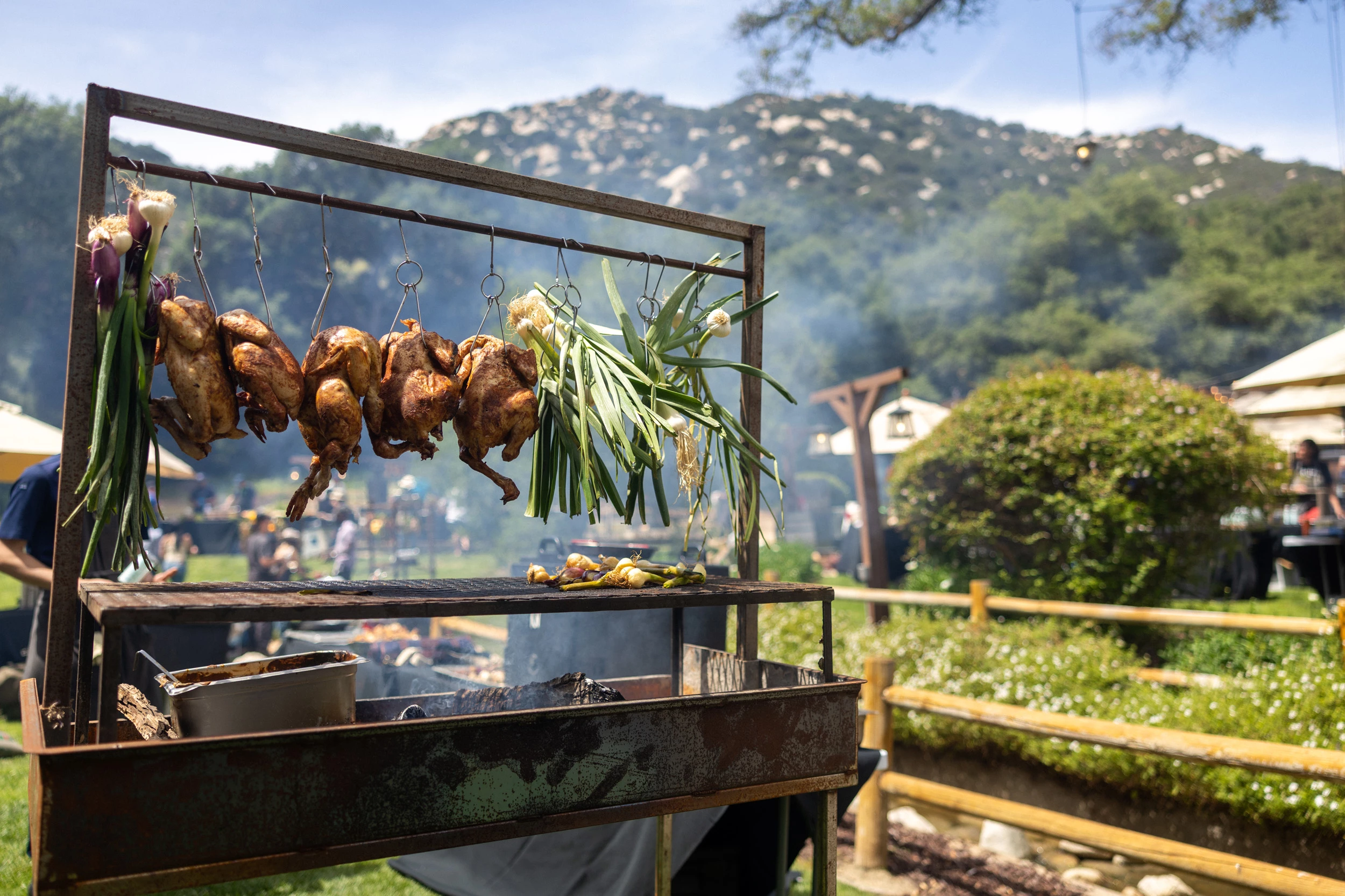 food on a grill with a mountain in the background