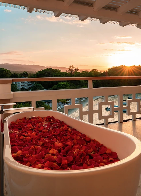 a bathtub full of rose petals on a balcony with a sunset