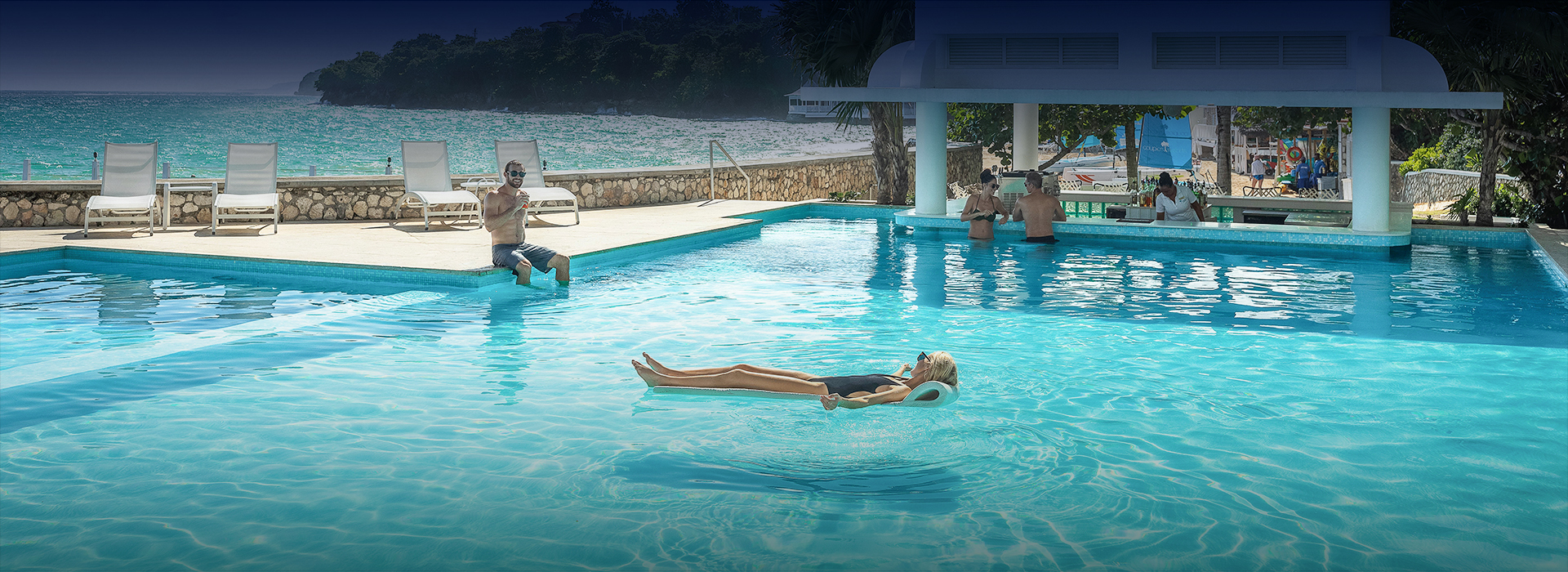 a group of people in a pool