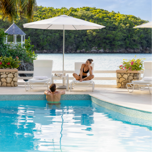 a man and woman sitting in a pool