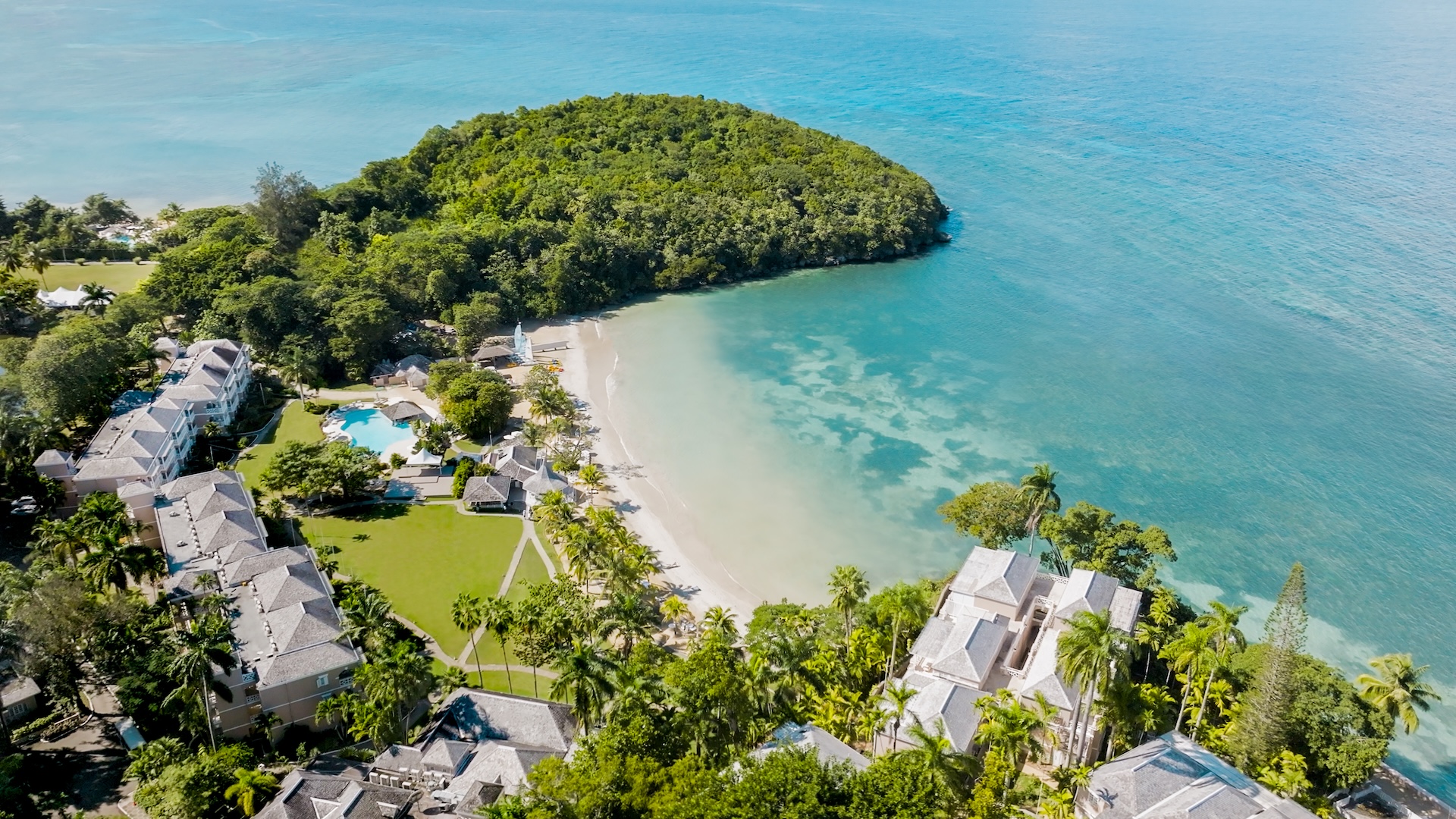 a beach with houses and trees