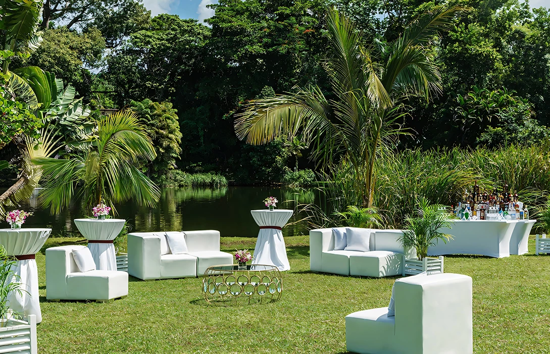 a white furniture in a grassy area with palm trees