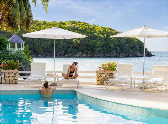 a man and woman sitting in a pool