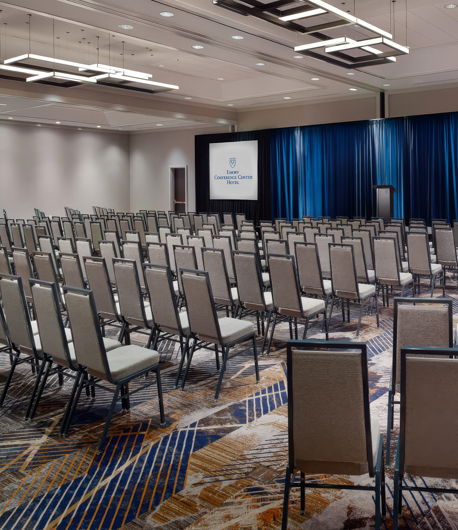 a large room with rows of chairs