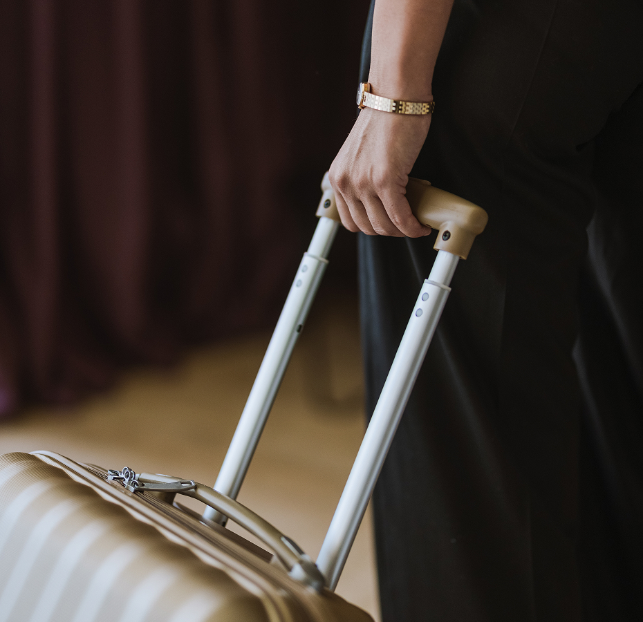 a person holding a luggage bag