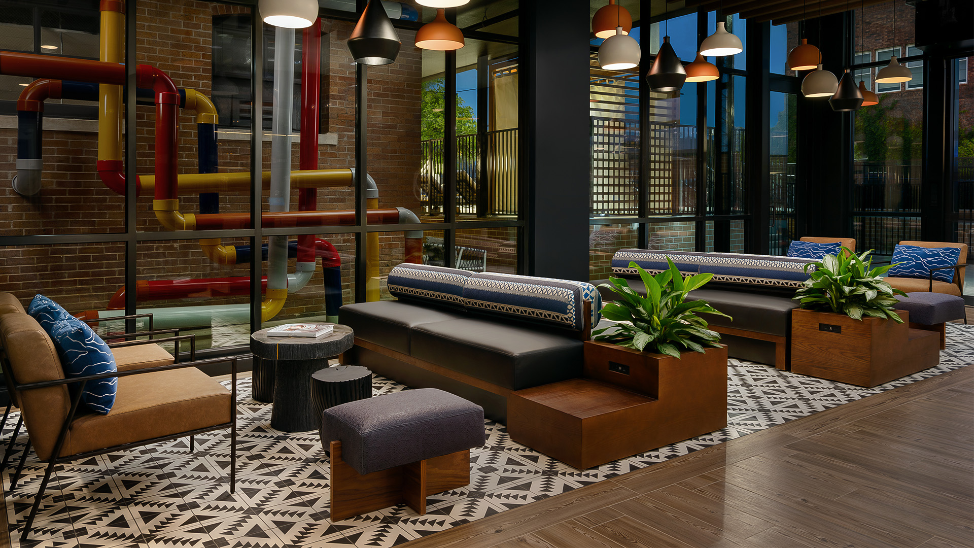 a room with a couch and a table