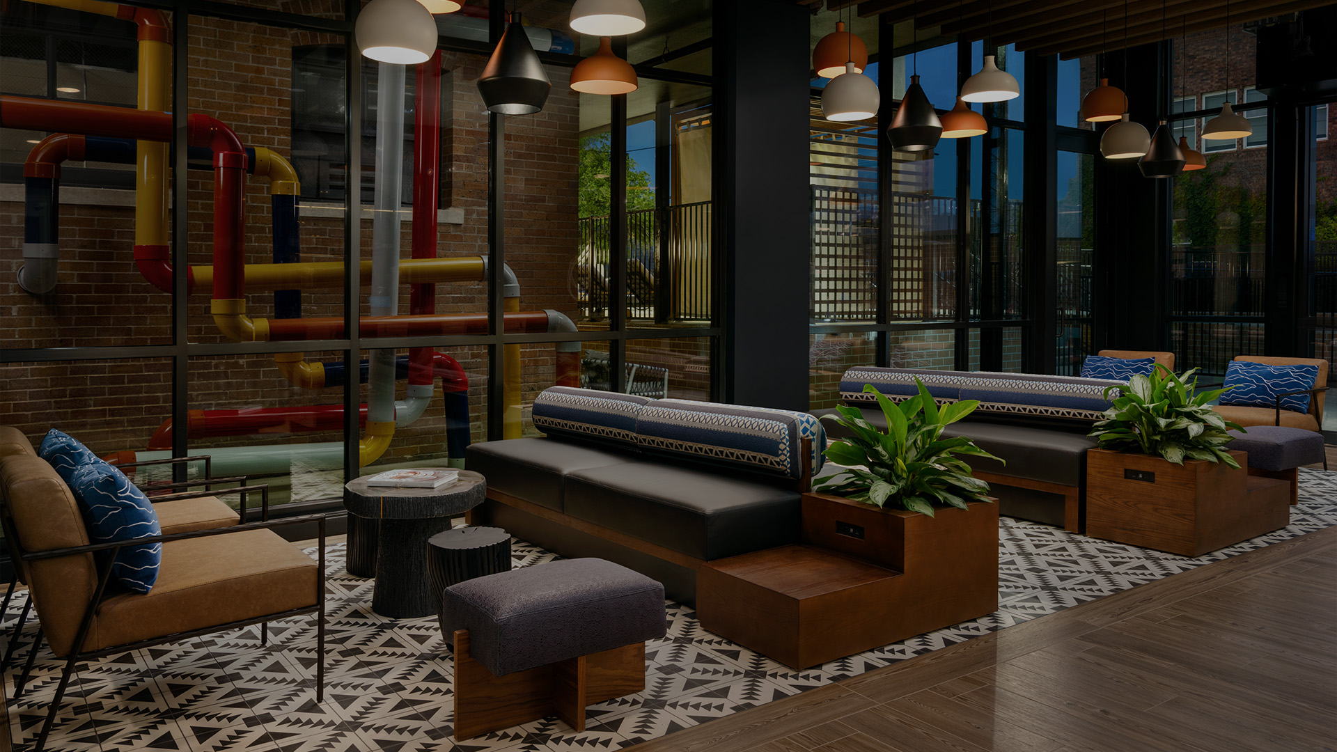 a room with a couch and a plant