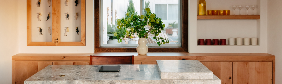 a kitchen with a large window