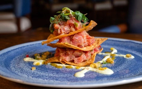 a stack of food on a plate