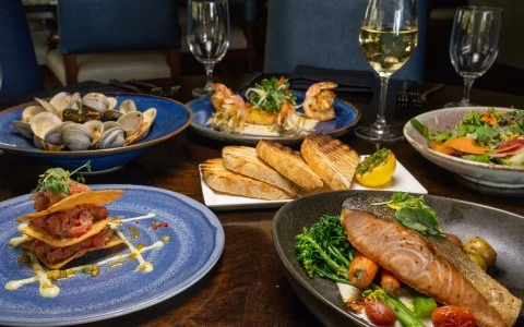 a table with plates of food