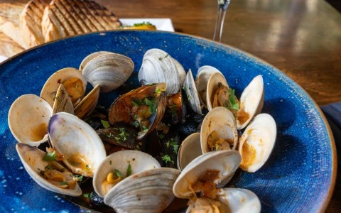 a bowl of clams with sauce