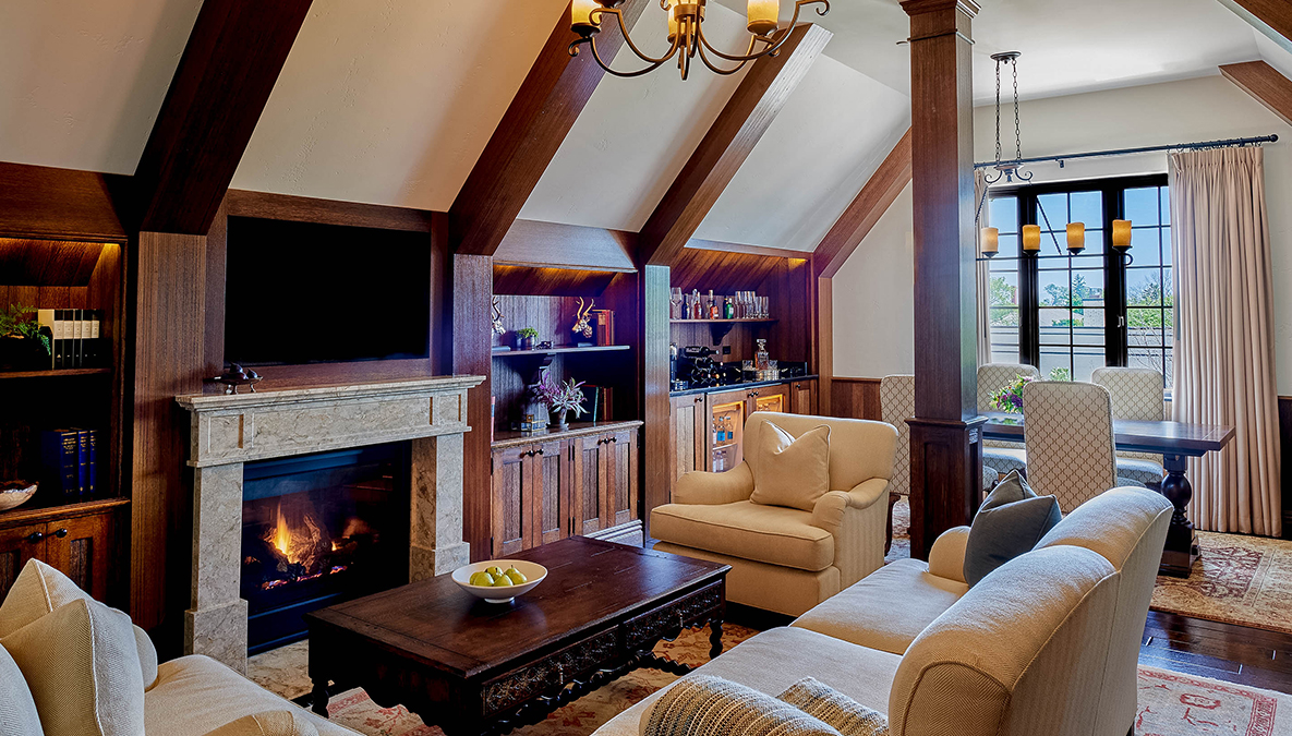 a living room with a fireplace