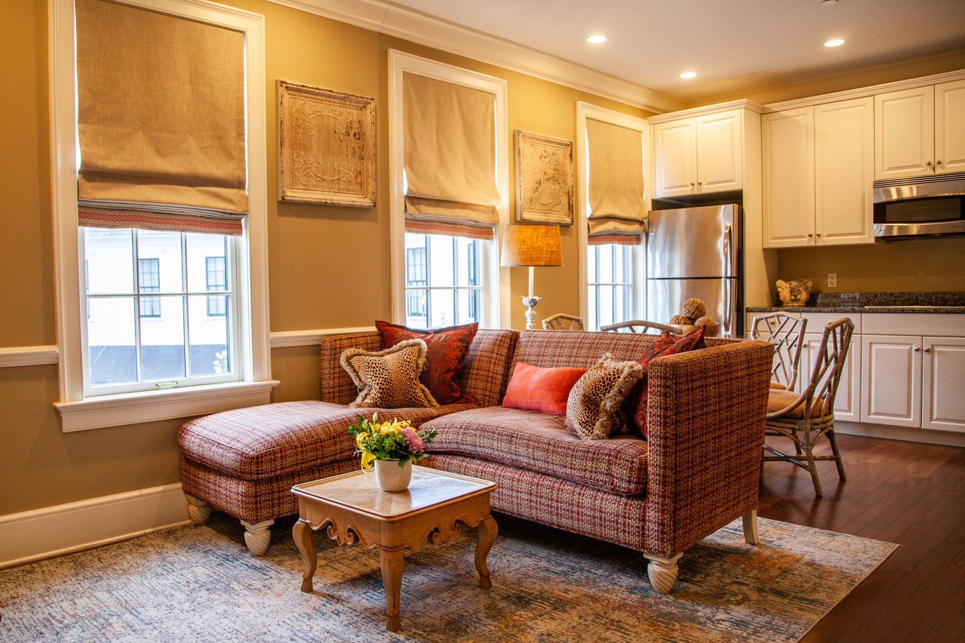 a living room with a couch and a table