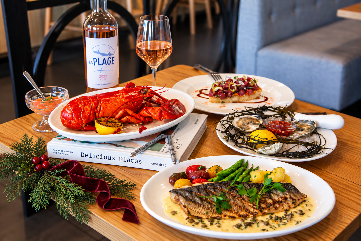 a table with plates of food and wine