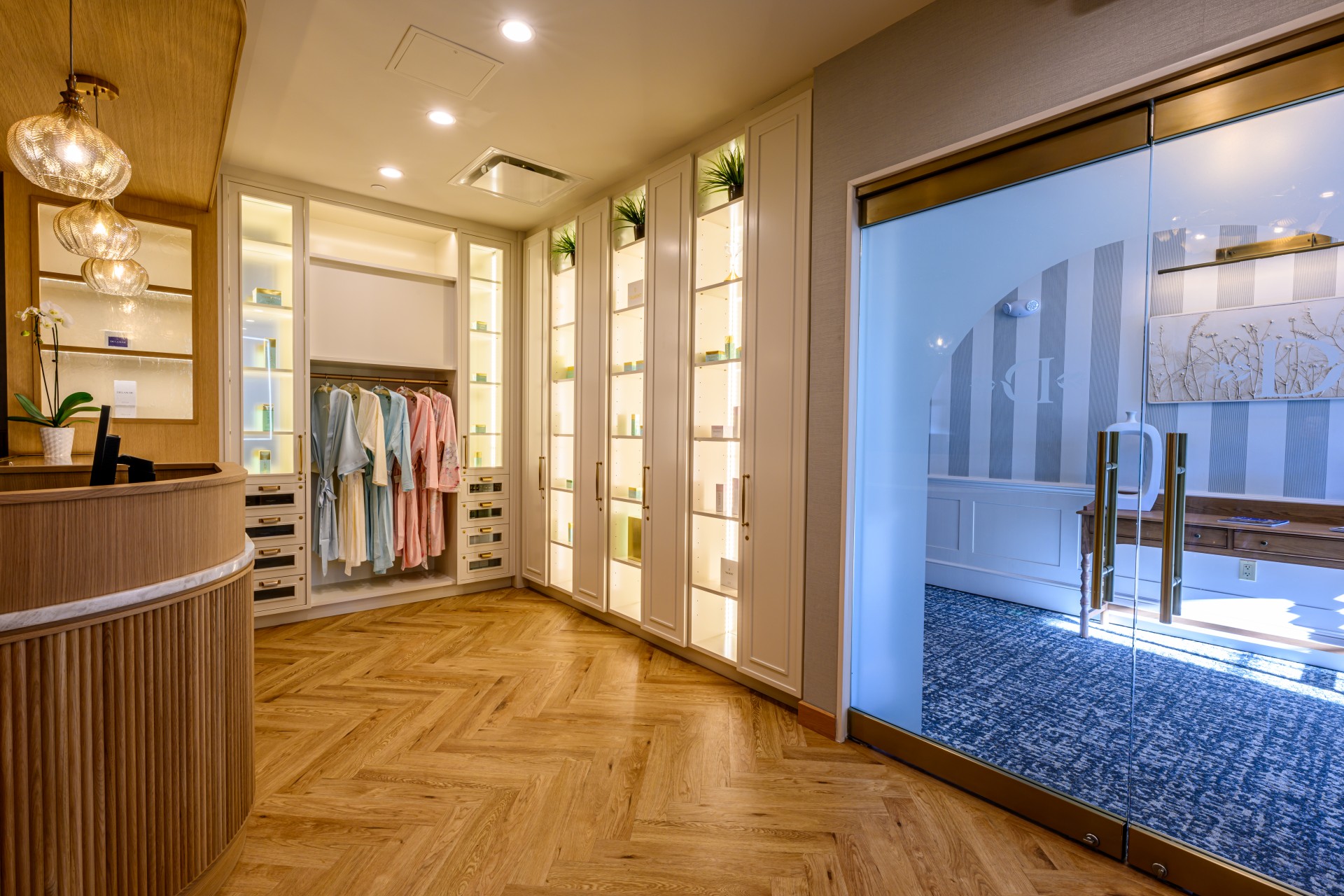 a room with a closet and a door
