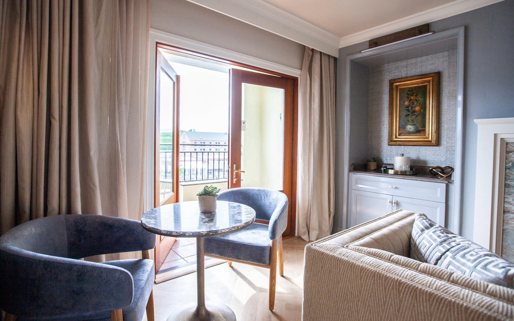 a room with a table and chairs