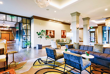 Lobby area with blue couches