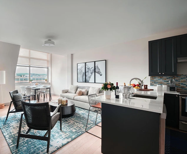 a kitchen and living room