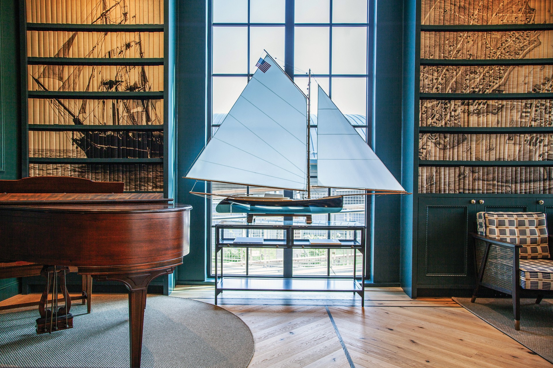 a model sailboat in a room