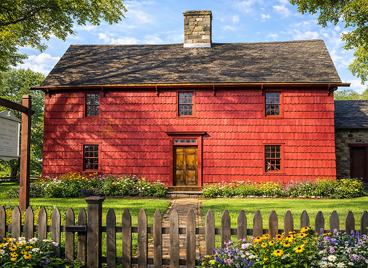 a red house with a fence and flowers