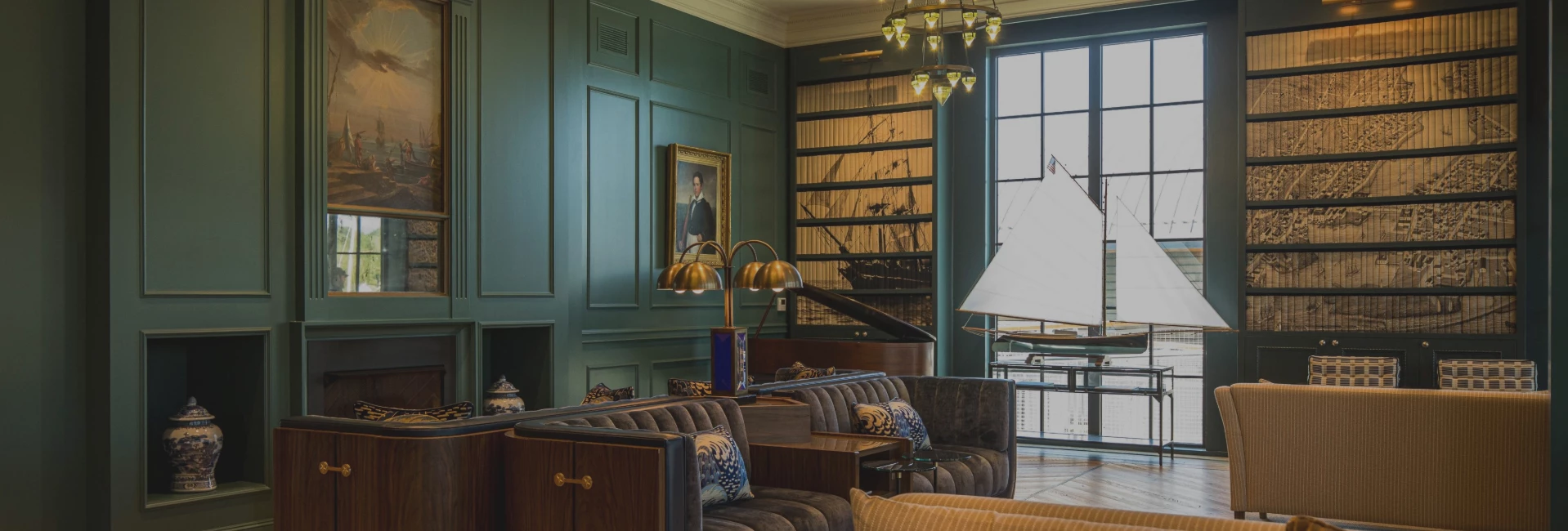 a room with a couch and a lamp