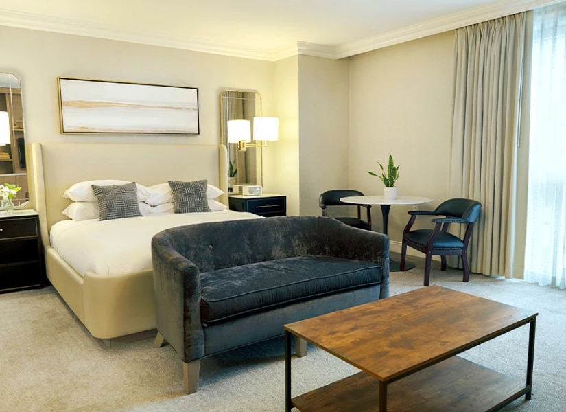A hotel room with a bed, sofa, table, and chairs.