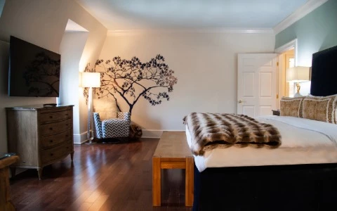 A wide view of a hotel room with a bed, TV, dresser, and chair.