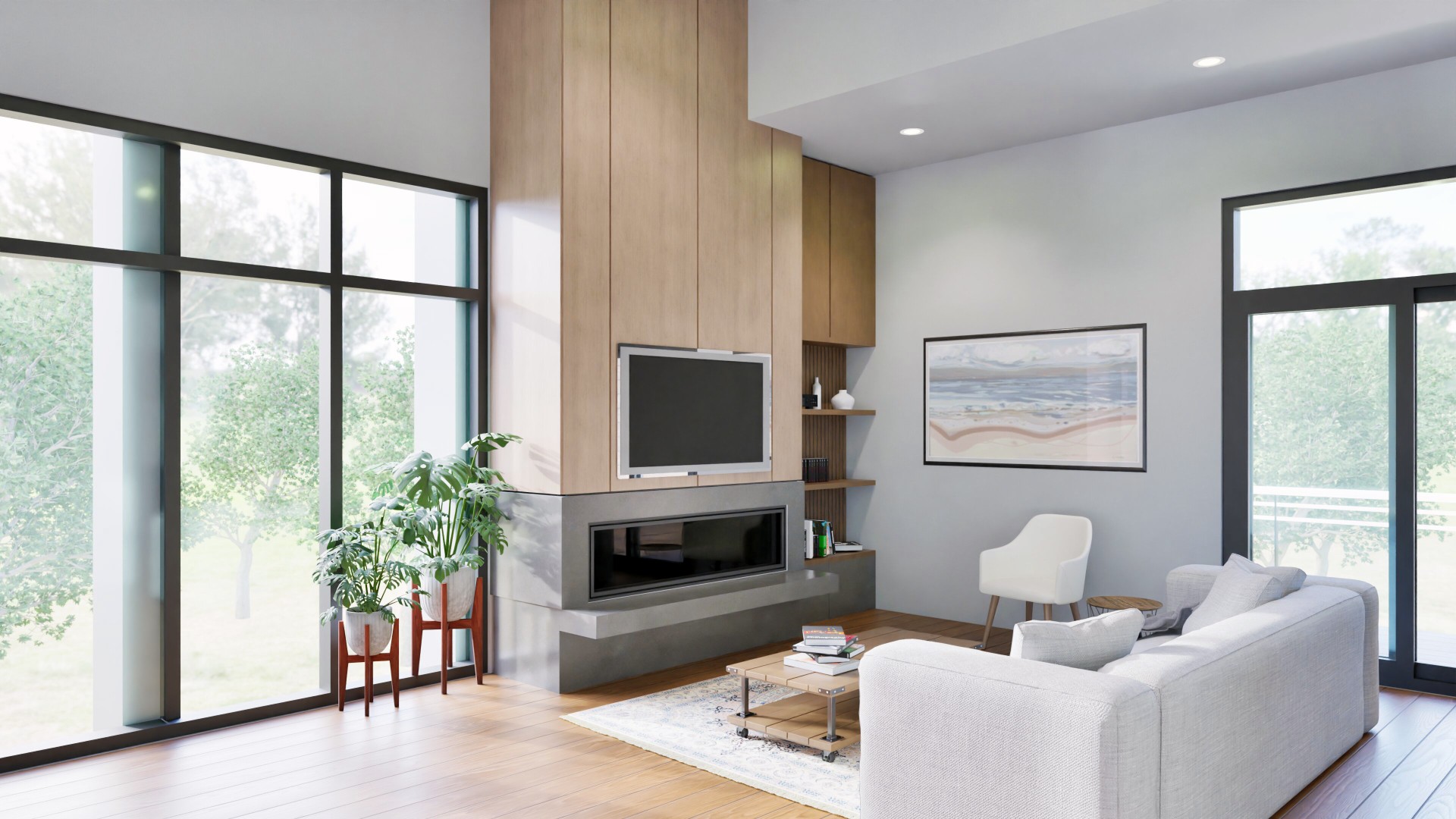 a living room with a fireplace and a tv