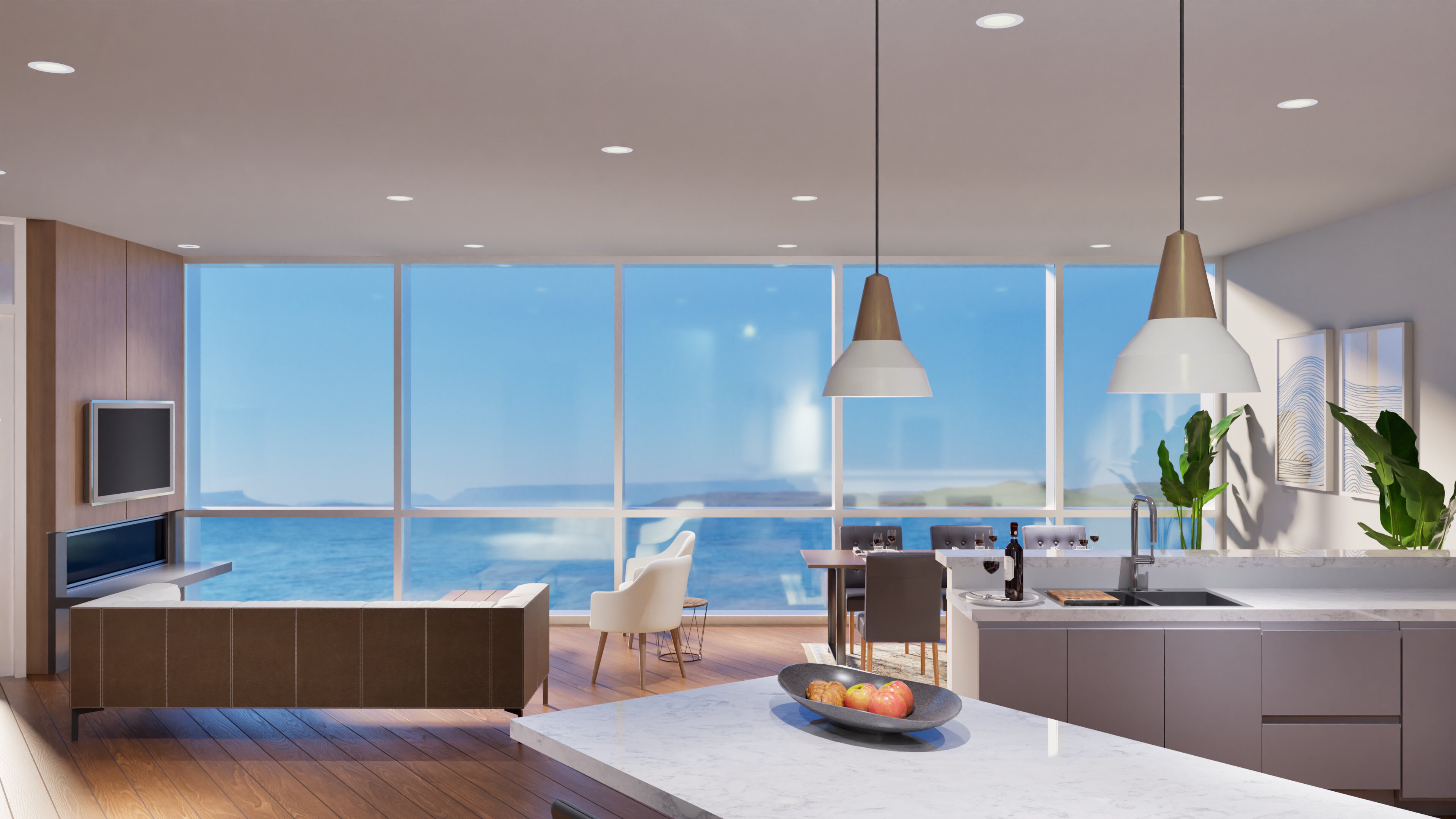 a room with large windows and a large table with a bowl of fruit