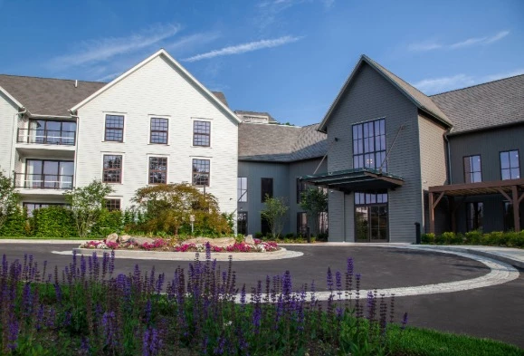 a building with a circular driveway
