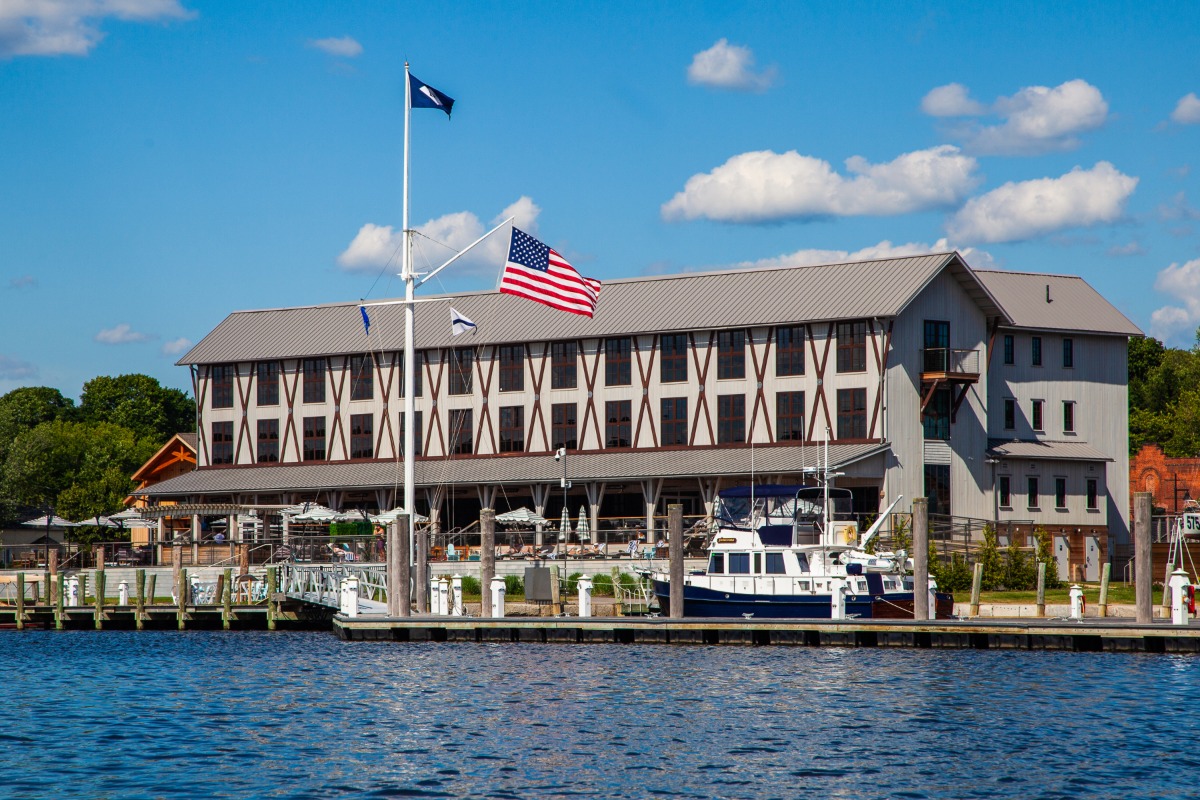 a building with a flag on the front