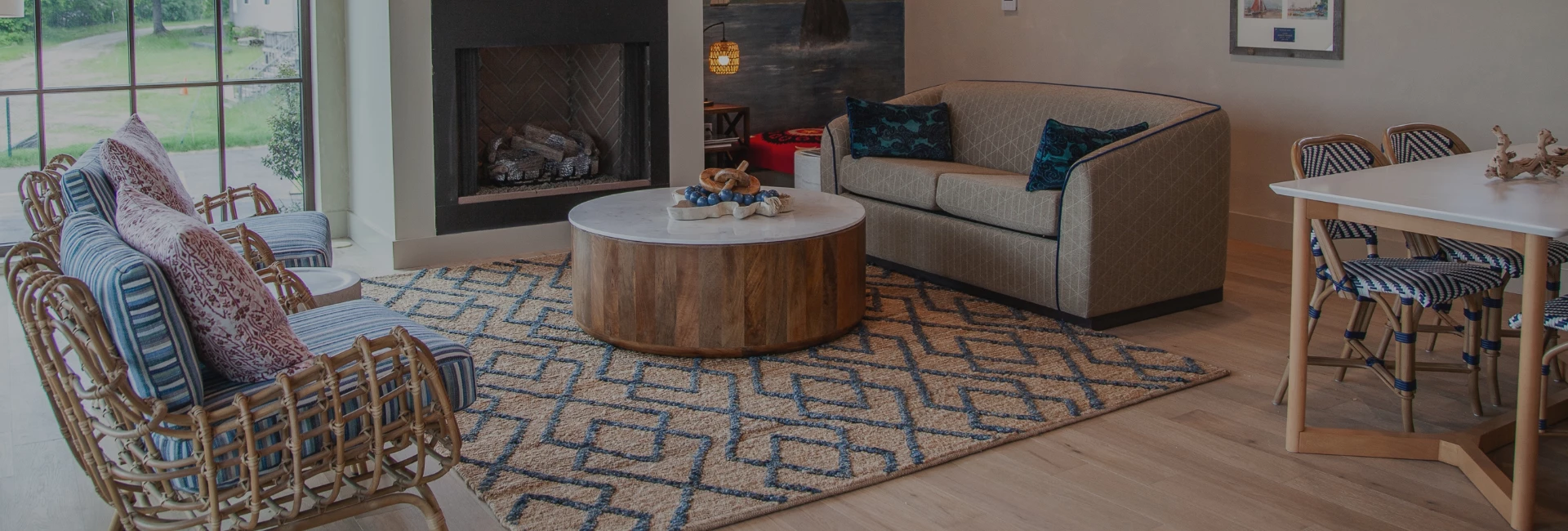 a room with a fireplace and a couch