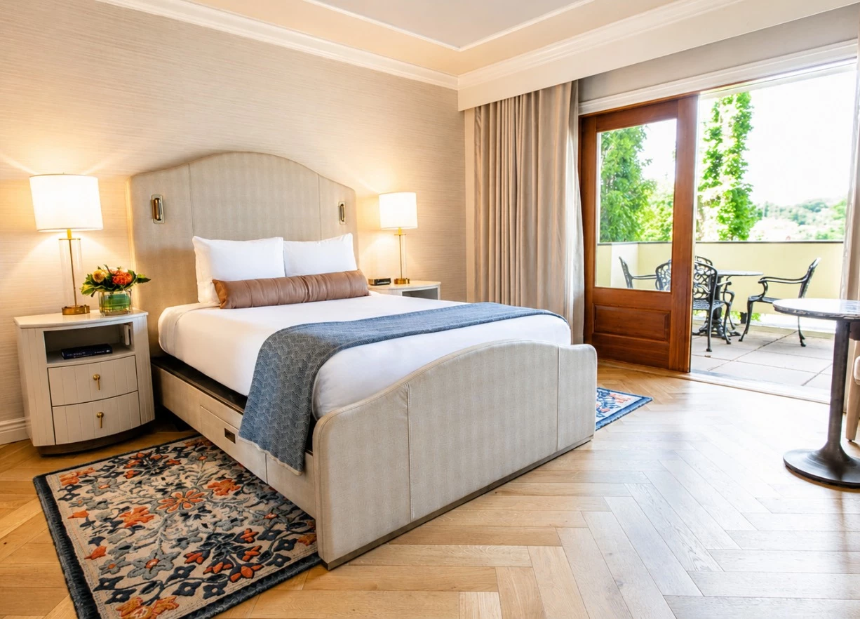 A hotel room with a large bed, nightstands, and a balcony with outdoor furniture.