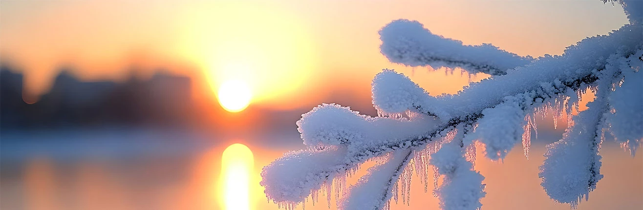 a tree branch with snow on it and a sunset in the background