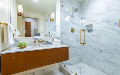 Queen bathroom with vanity & marble shower 