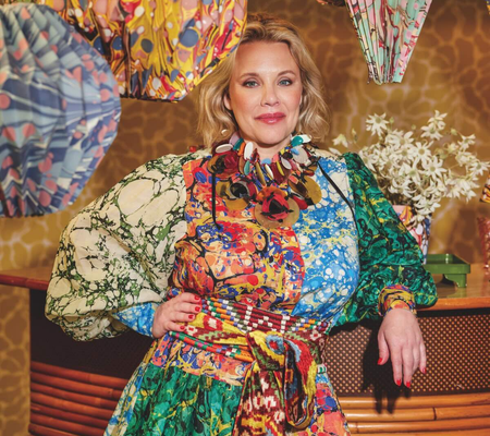 a woman in a colorful dress