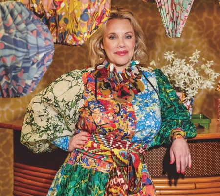 a woman in a colorful dress