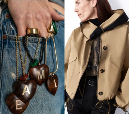 a woman wearing a coat and a necklace