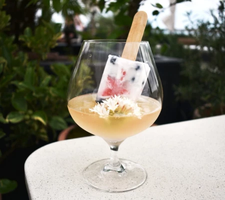 a glass with a popsicle in it