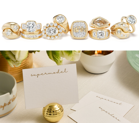 a row of rings with diamonds and a card holder