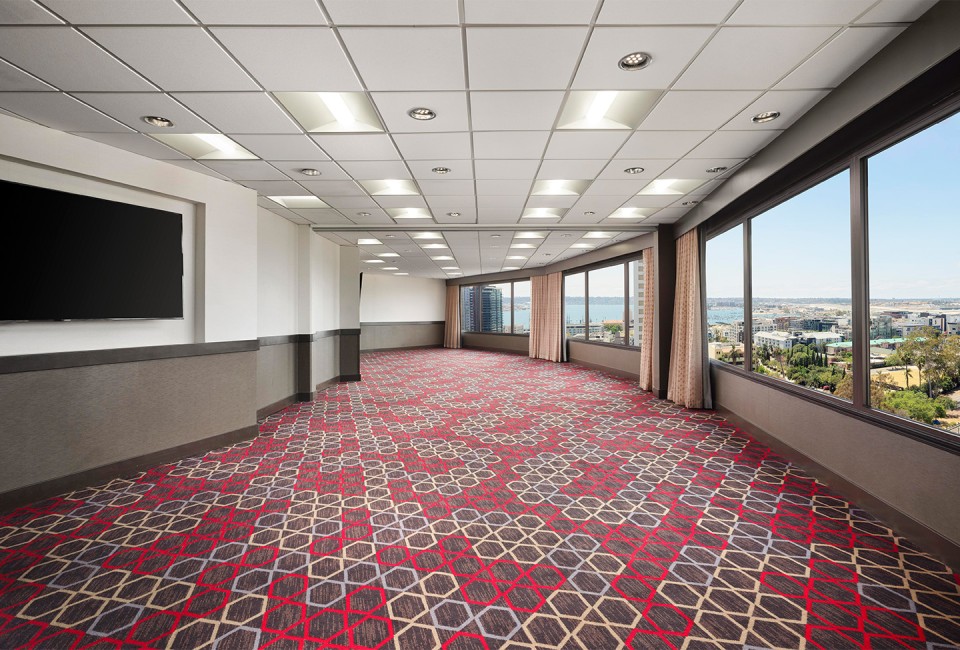 a room with red carpet and a window