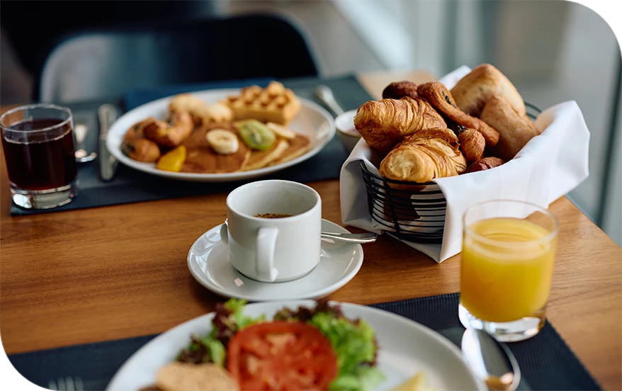 a table with food and drinks