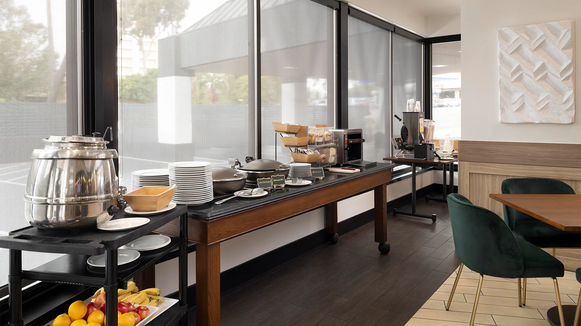 a buffet table with food on it