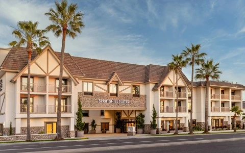 a building with palm trees
