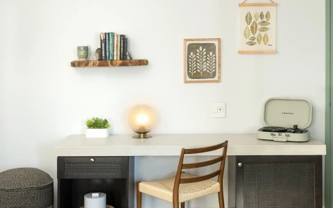 a desk with a chair