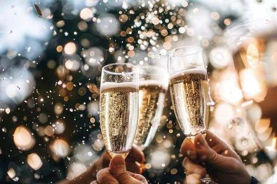a group of hands holding champagne glasses