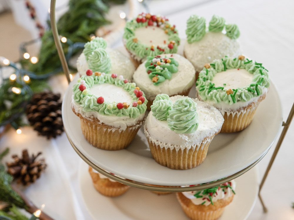 Festive holiday cupcakes crafted by the in-house pastry chef at Dolphin Bay Resort & Spa — custom desserts available for catered parties and seasonal celebrations in Pismo Beach.