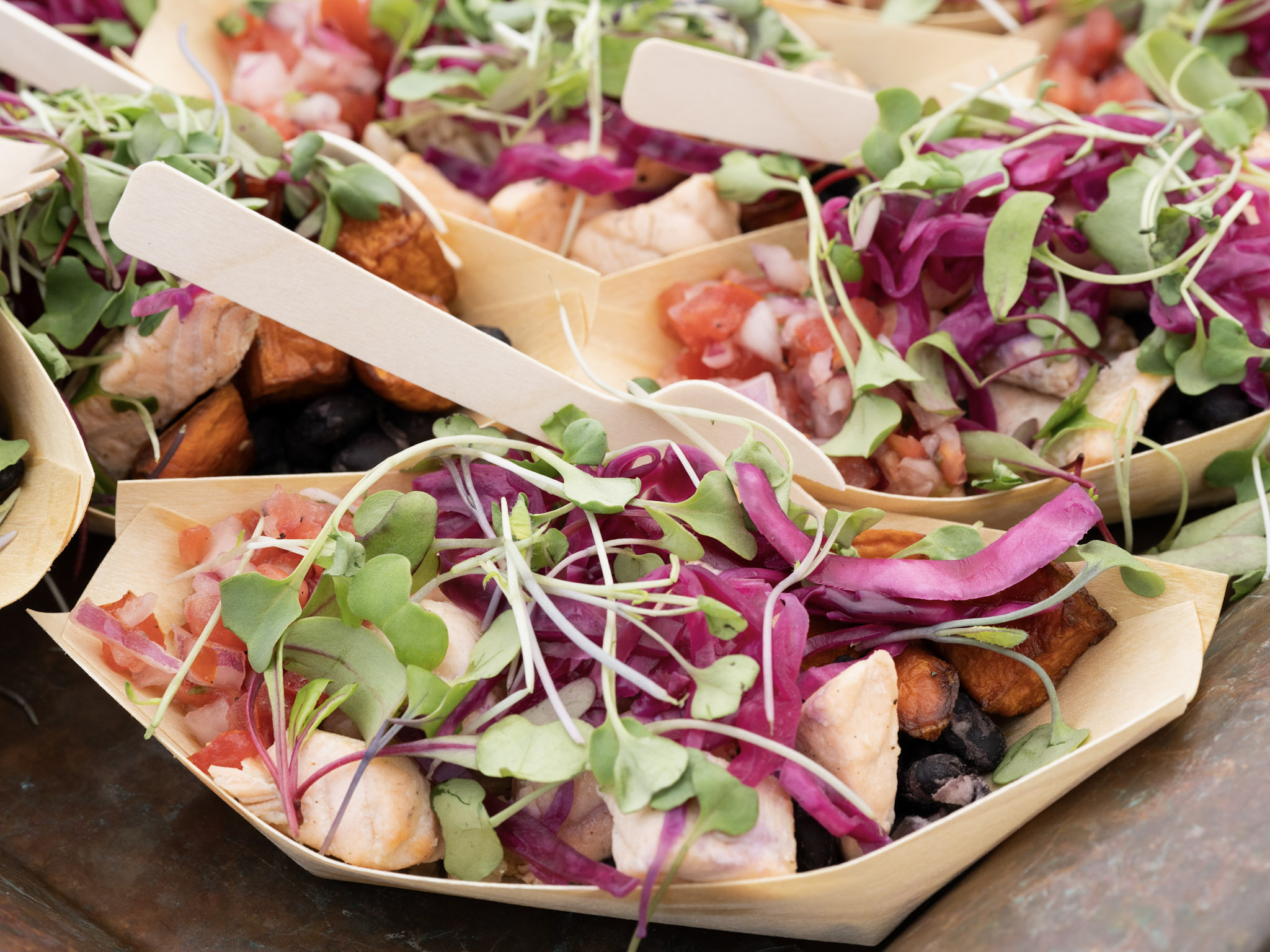 Mini protein bowls crafted by the culinary team at Lido Restaurant & Lounge, part of Dolphin Bay Resort & Spa’s offsite catering services available.