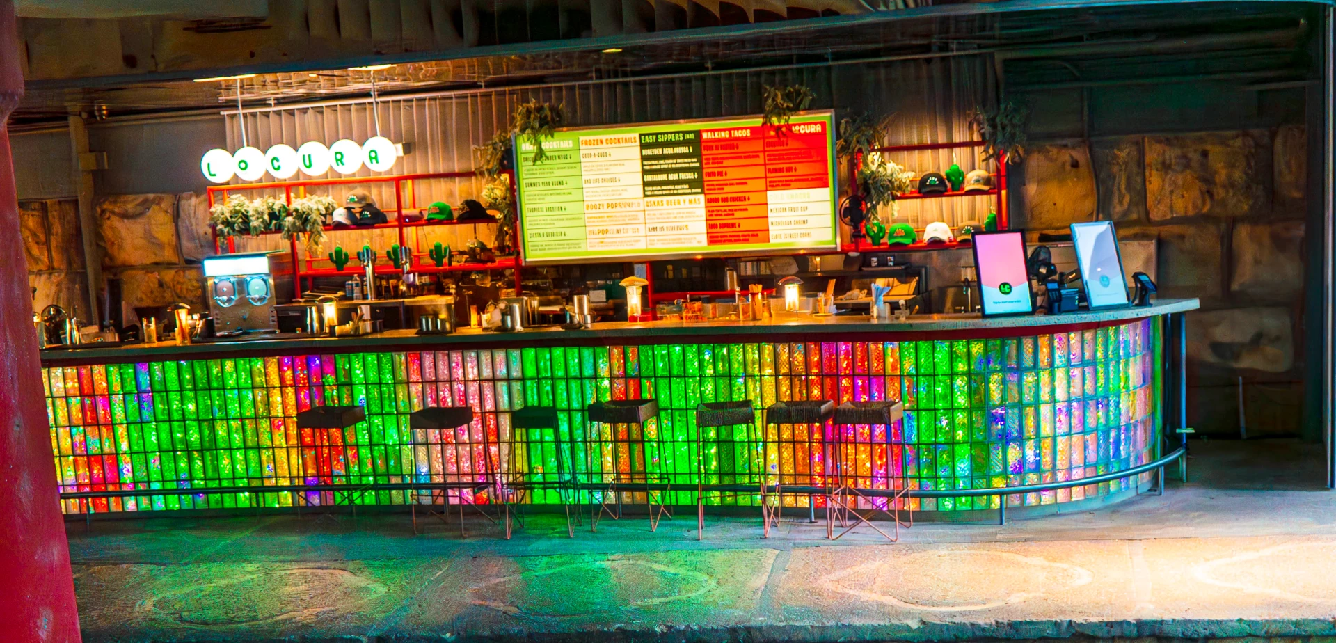 a bar with colorful lights