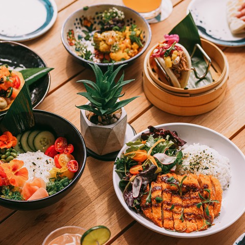 a table with plates of food